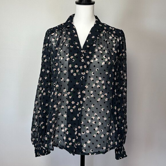 TOPSHOP navy sheer blouse with daisies and velvet polka dots size 8 - Picture 3 of 9